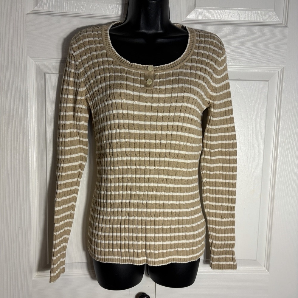 Vintage Liz‎ Claiborne Cable Knit Sweater Women M Brown White Striped Y2K Henley